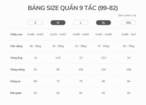 Bảng size quần 9 tấc lưng cao (99-82)