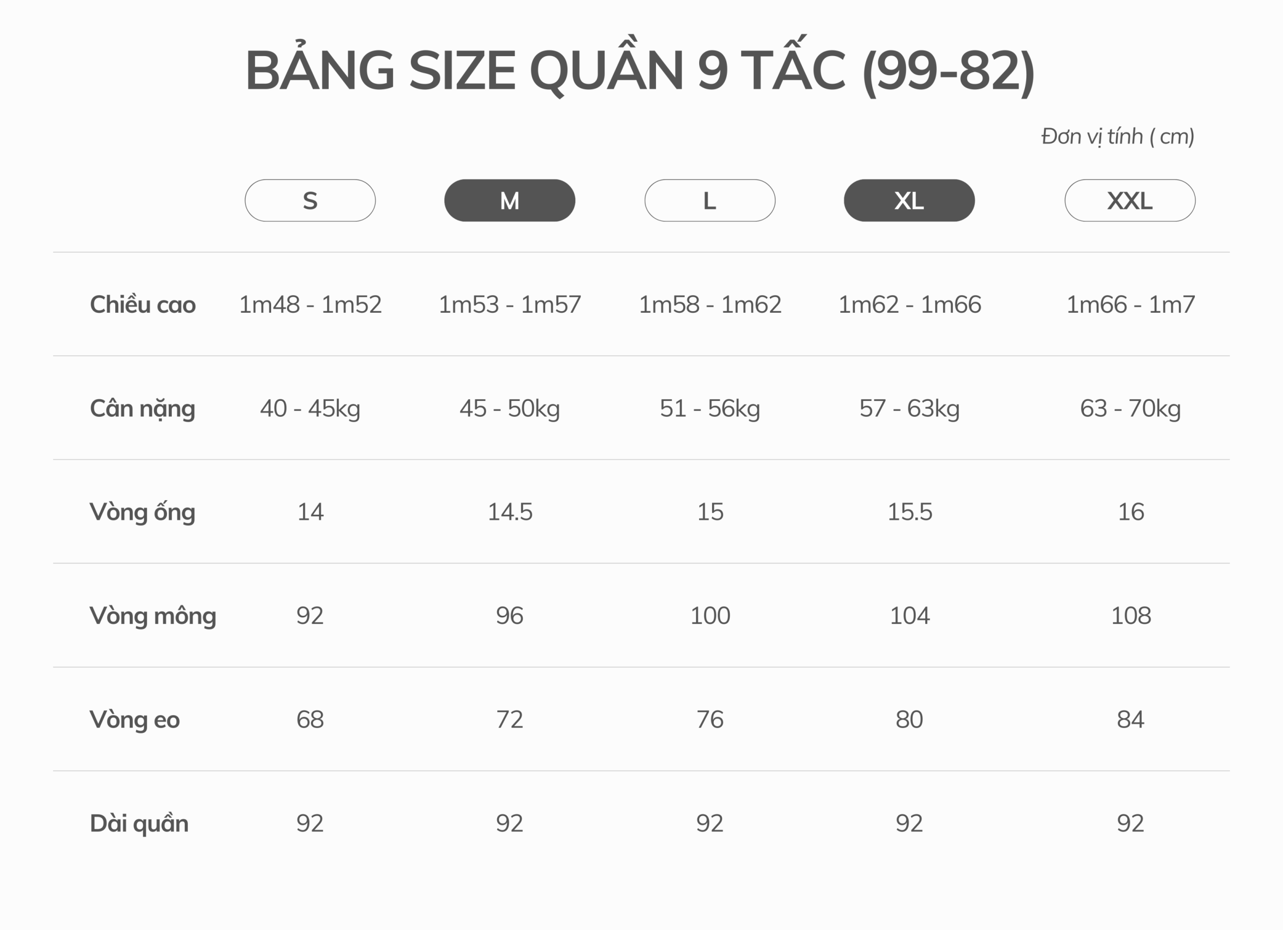 Bảng size quần 9 tấc lưng cao (99-82)